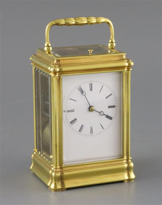 A mid 19th century French lacquered brass hour repeating carriage clock, width 3.5in. depth 3in. height 5.25in